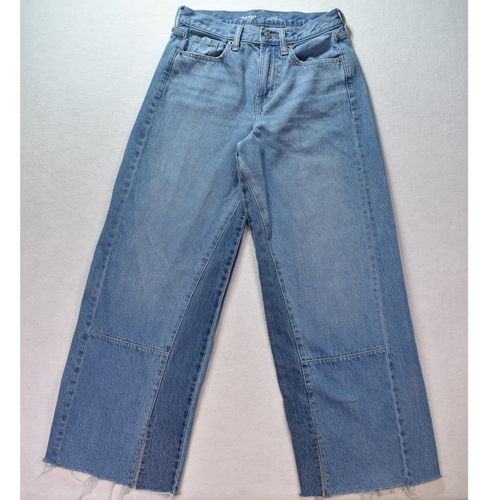 Old Navy High-Rise Baggy Wide Leg Drapey Denim Jeans Lght Wash Paneled Raw Hem 2